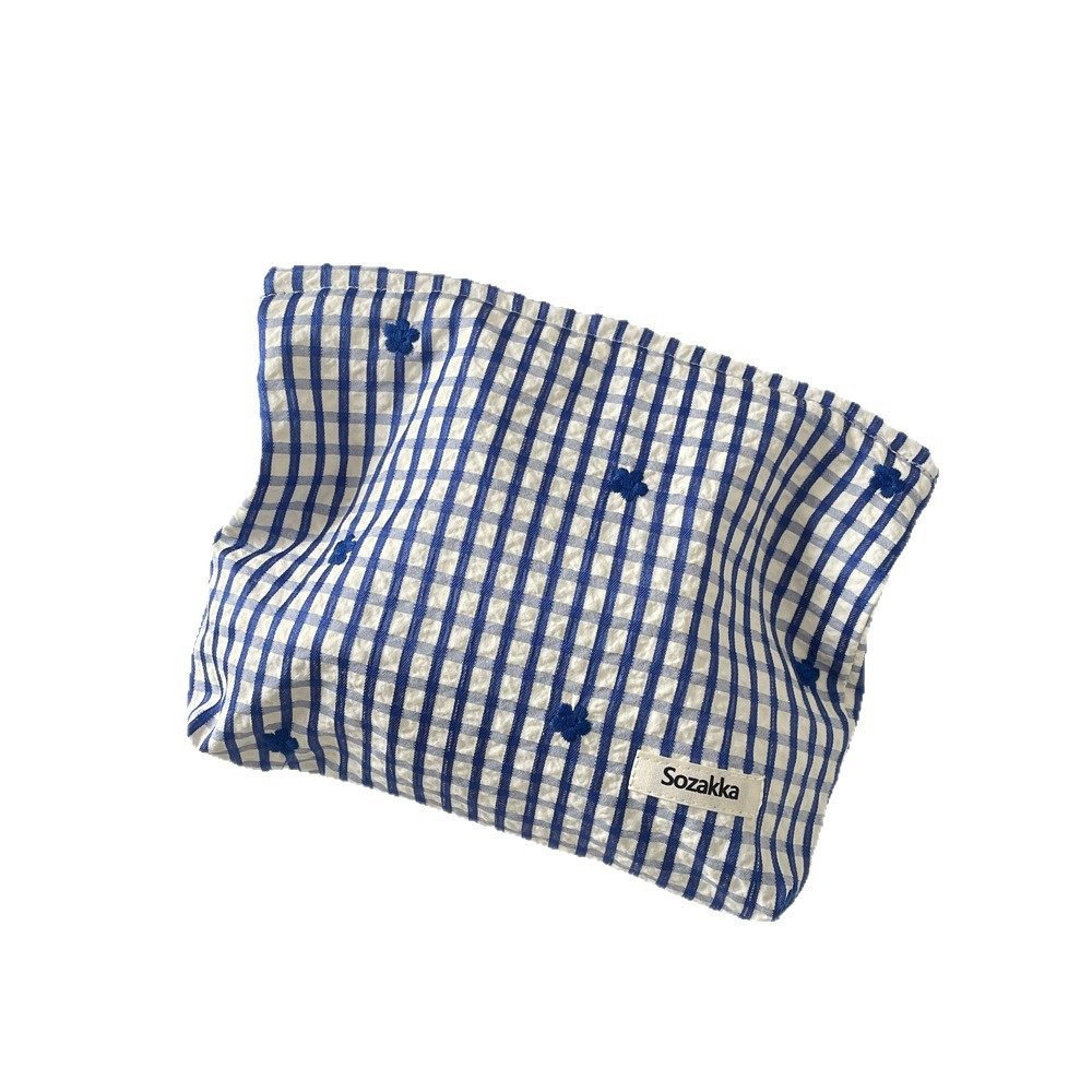 格纹蓝色系刺绣小花化妆包女口红收纳包气垫补妆袋收纳袋,淘宝优惠券,粉丝福利购,淘宝优惠卷