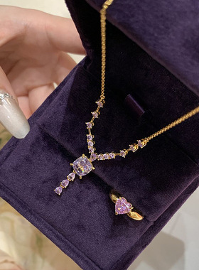 小红书爆款九紫离火紫钻超仙项链女时尚奢品紫色方形锆石流苏吊坠