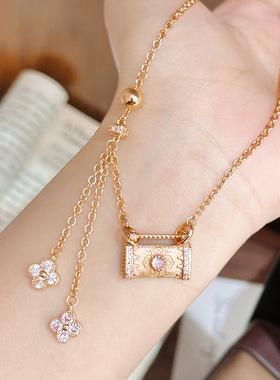 小红书爆款拉丝四叶花长命锁包项链古法金国潮复古花丝如意锁吊坠