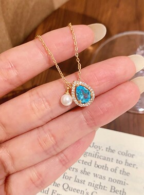 抖音新款珍珠水滴蓝钻项链女高级感小众百搭设计款项饰品一件代发
