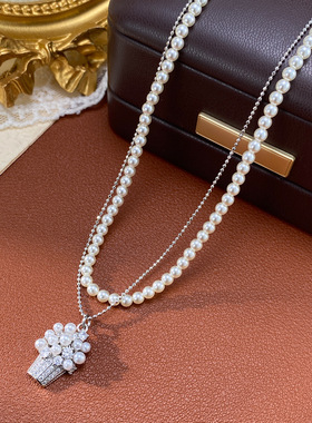 小众设计感满钻小花篮吊坠珍珠双层项链女气质时尚百搭锁骨链批发