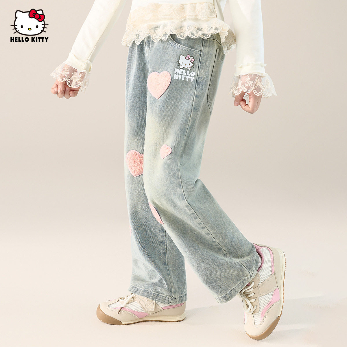 HelloKitty凯蒂猫女童秋季牛仔裤2025新款爱心刺绣款中大童装裤子