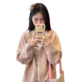 ເສື້ອຢືດ cardigan ສີບົວອ່ອນ waxy sweater knitted ສໍາລັບແມ່ຍິງ 2023 ດູໃບໄມ້ລົ່ນແລະລະດູຫນາວແບບໃຫມ່ hooded zipper lazy style top