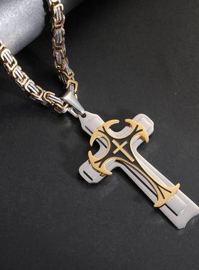 贸外热72292字销钛钢长花款项链欧美霸气纹三层十架吊坠项链男现