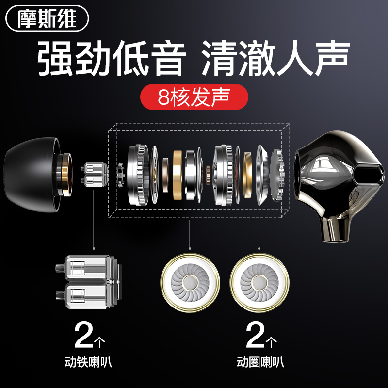 msvii旗舰店摩斯维 耳机入耳式有线高音质降噪陶瓷vivo华为oppo小米手机电脑安卓游戏监听音乐全民K歌专用吃鸡重低音带麦0