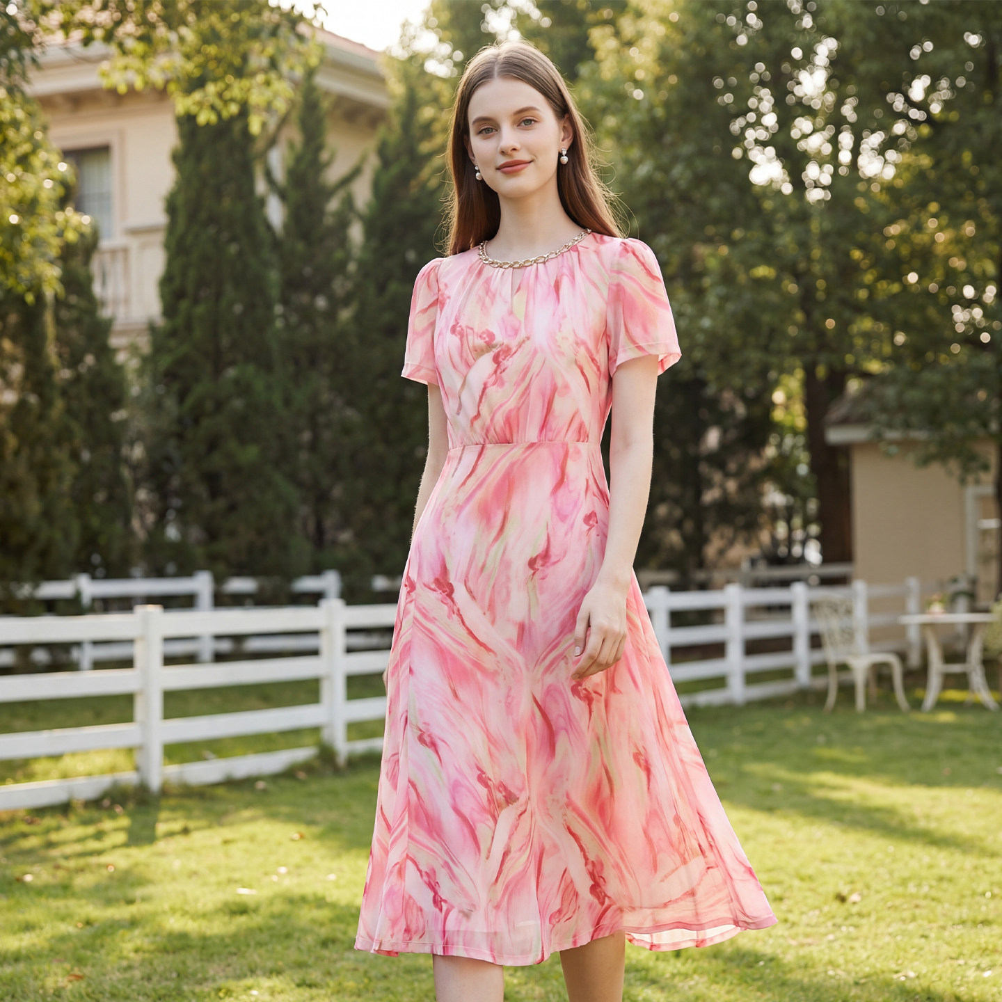 马天奴2025夏季新款浅粉印花连衣裙子圆领链条短袖收腰气质时尚女