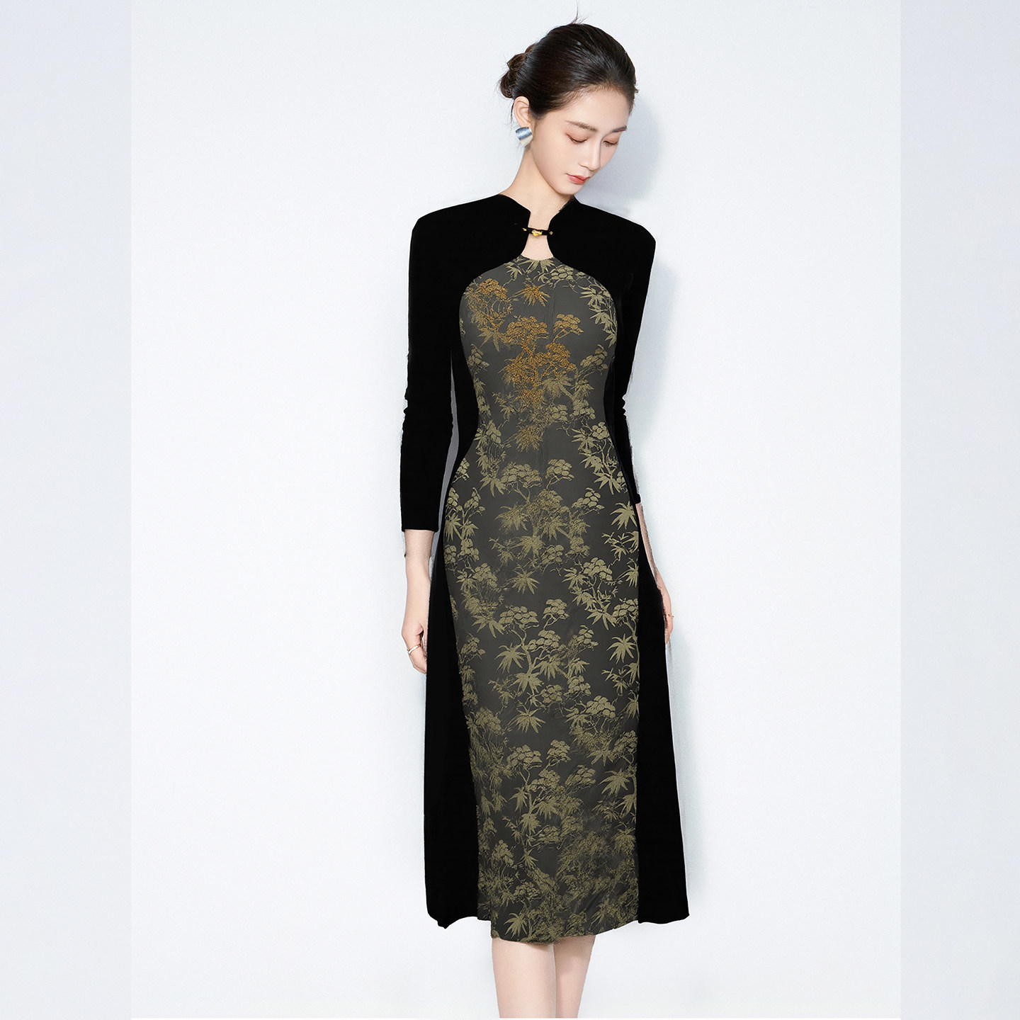 马天奴秋冬新款新中式黑色丝绒拼接提花旗袍长袖修身连衣裙子,淘宝优惠券,粉丝福利购,淘宝优惠卷