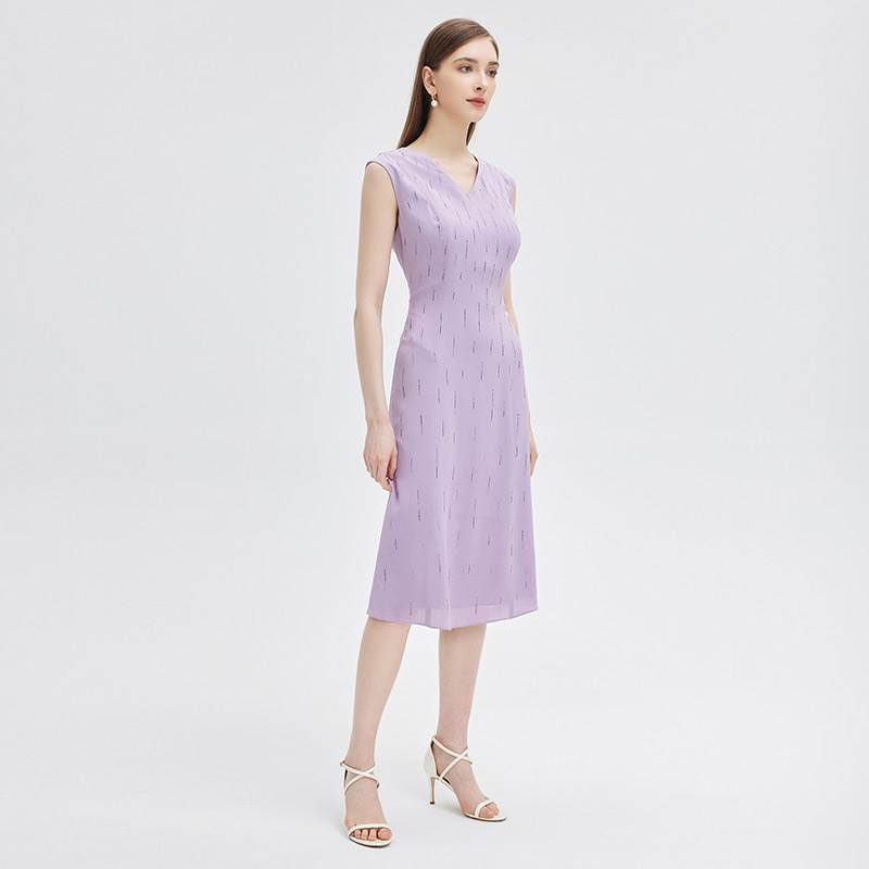 马天奴女装夏季新款紫色蚕丝流行连衣裙气质裙子烫钻无袖高级礼裙 - 图1