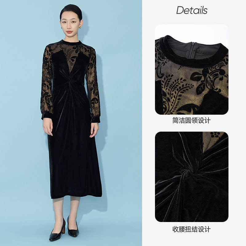 马天奴女装秋冬新款黑色丝绒拼接圆领烧花连衣裙子收腰长袖时尚,淘宝优惠券,粉丝福利购,淘宝优惠卷