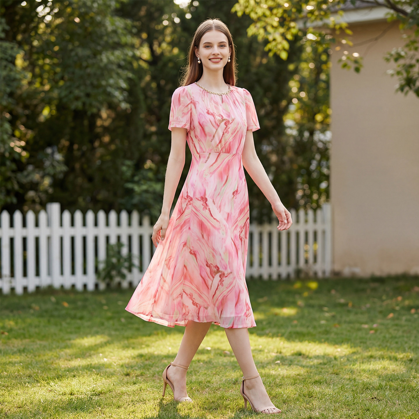 马天奴2025夏季新款浅粉印花连衣裙子圆领链条短袖收腰气质时尚女