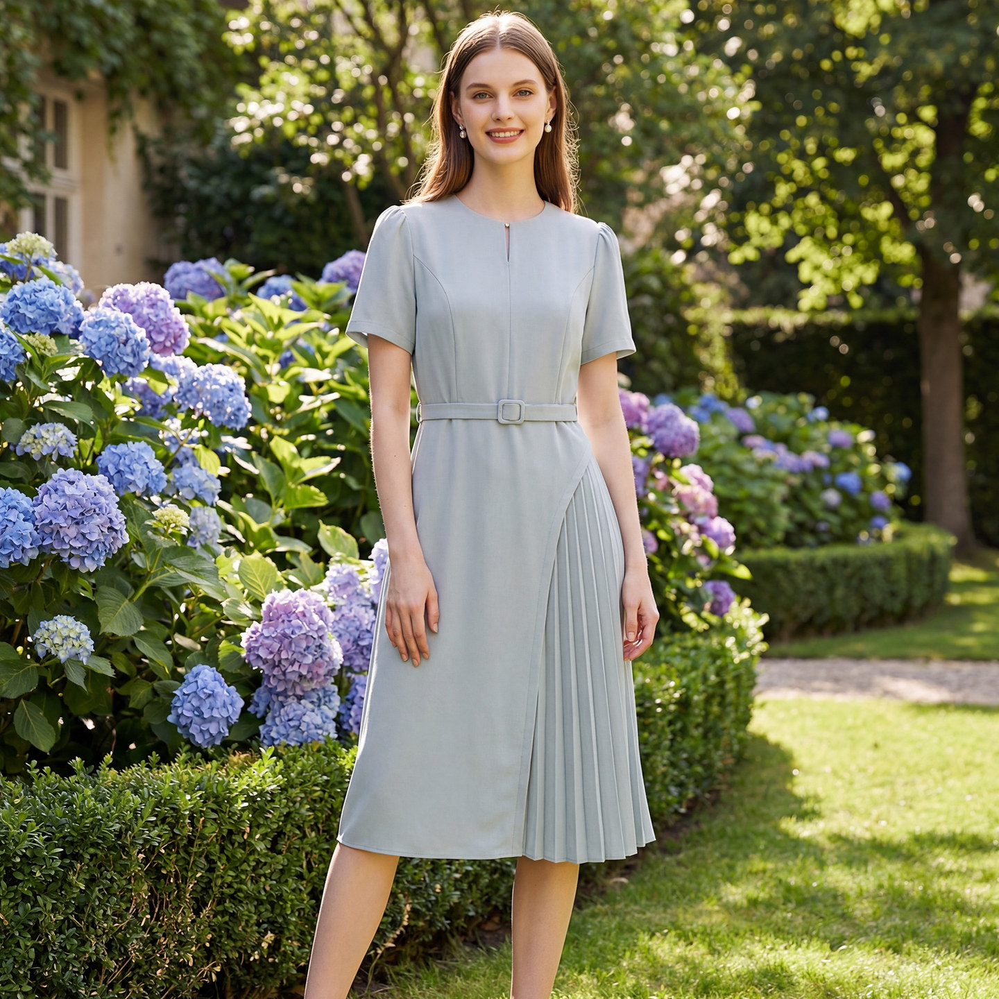 马天奴2025夏季新款绿色圆领短袖连衣裙子压褶拼接收腰配腰带气质