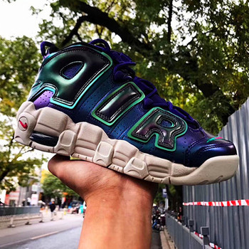 Nike Air More Uptempo ສີຂາວແລະສີເຫຼືອງຂະຫນາດໃຫຍ່ AIR Pippen ເກີບບ້ວງໄຟຟ້າສີມ່ວງຂອງຜູ້ຊາຍແລະແມ່ຍິງ DM3035-100