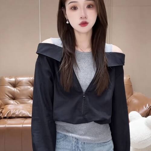时尚假两件衬衫女2026春季新款洋气宽松显瘦拉链拼接露肩衬衣上衣 - 图0