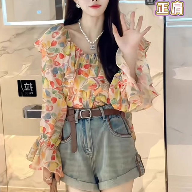 Floral ruffled bateau neck long sleeve bell sleeve top