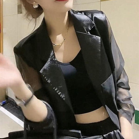 Satin-stitched chiffon fake two-piece sunscreen blazer