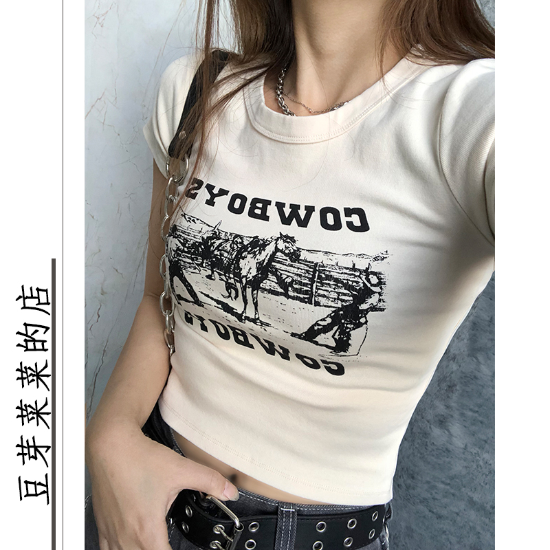 cowboy字母印花brandy短袖女巨显瘦T恤高腰短款露腰