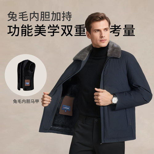 [水貂毛领/兔毛皮内胆]梦特娇冬季男士尼克服皮草外套羽绒服保暖J - 图0