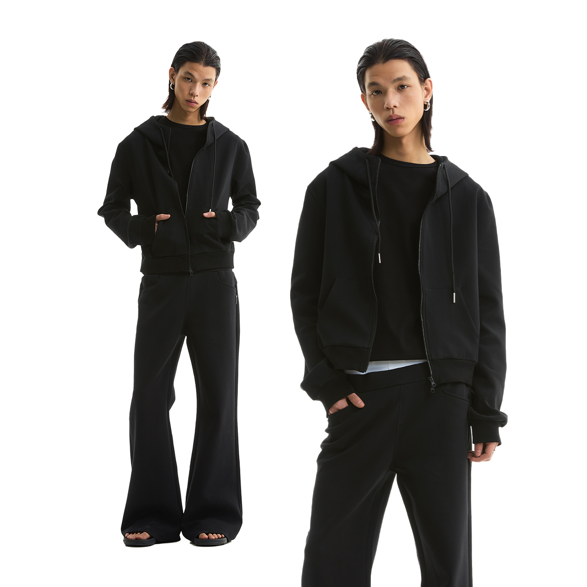 FUNKYFUN 2025SS 黑色红色纯色双拉链立领连帽短款开衫空气层卫衣 - 图0