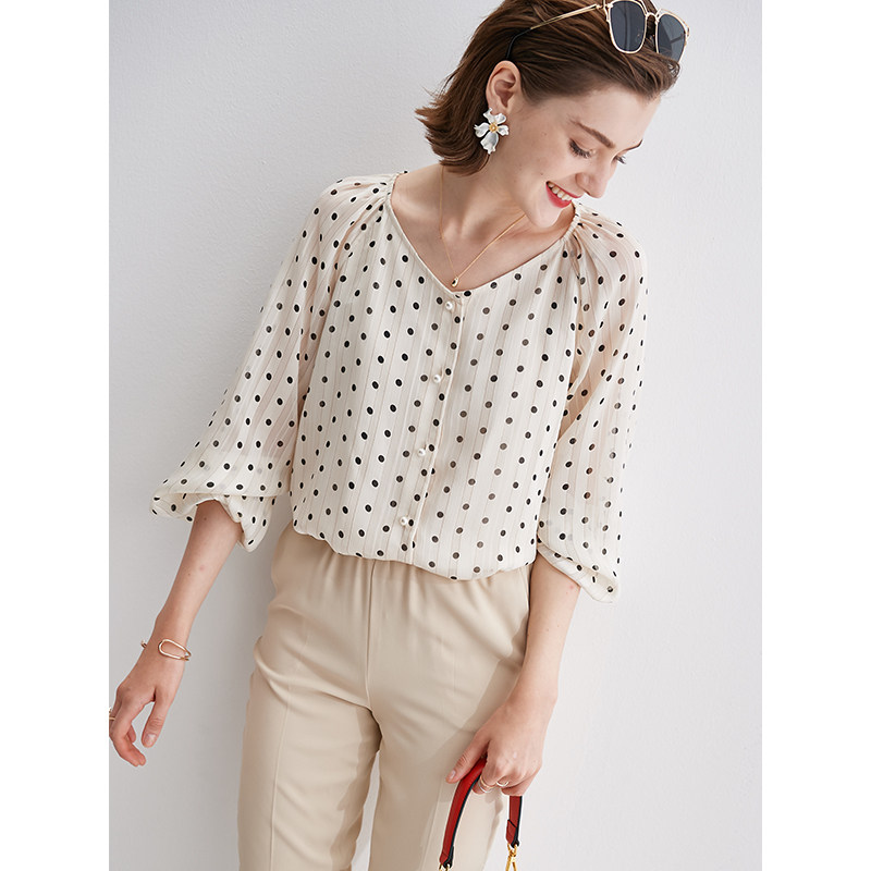 版型美哭显瘦v领波点雪纺女夏衬衫 bookmark衬衫