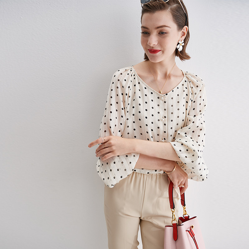 版型美哭显瘦v领波点雪纺女夏衬衫 bookmark衬衫