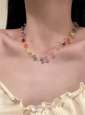多巴胺彩色水晶串珠项链女款2025新款高级感小众夏天锁骨颈链配饰