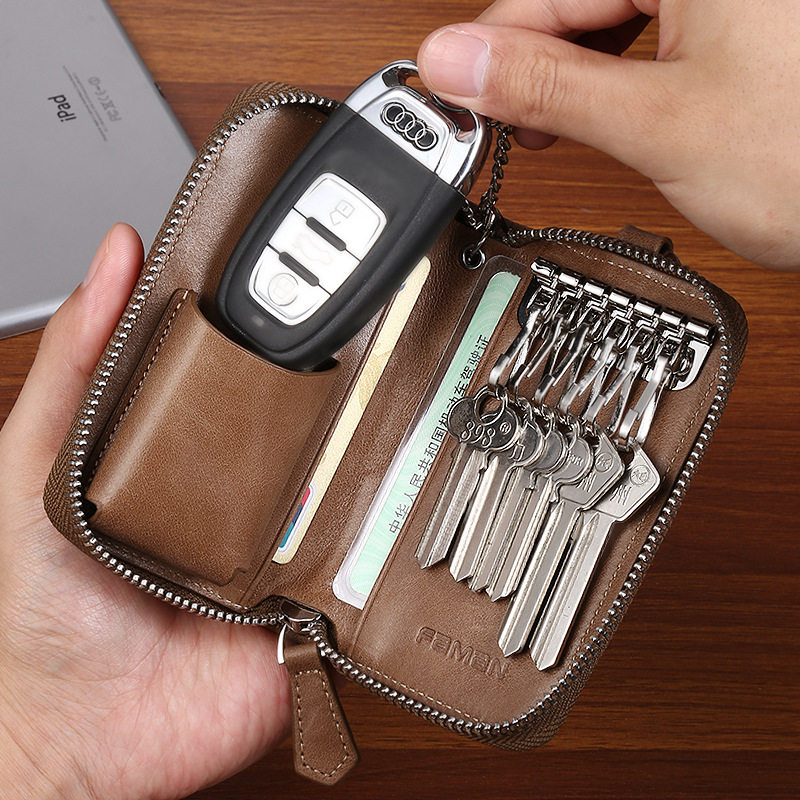 网红复古钥匙包男真皮大容量拉链钥匙收纳包多功能汽车牛皮锁钥包,淘宝优惠券,粉丝福利购,淘宝优惠卷