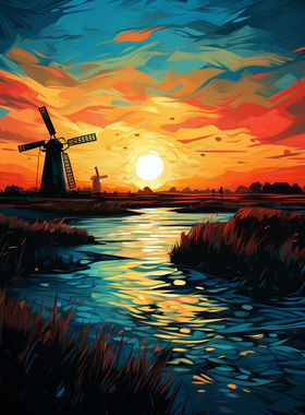 风车与夕阳数字油画cioioil深圳