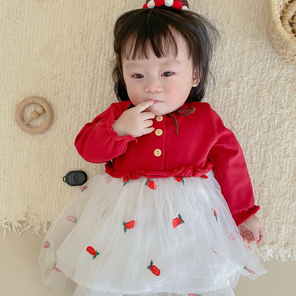 女童连衣裙春秋宝宝公主裙百天1周岁礼服2婴儿洋气红色裙子秋冬装