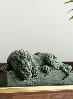 中式青砂石手工招财石玺盘龙桌面鱼缸造景观饰品精品瑞兽茶宠