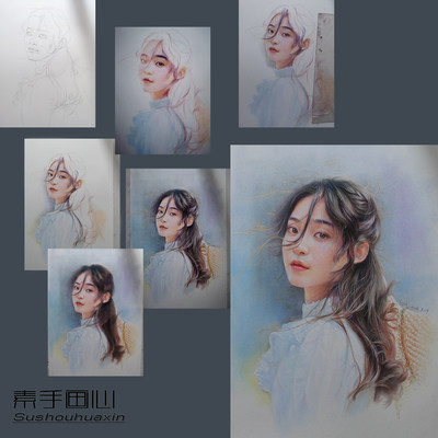 新款手绘画彩铅画像人像头像明星肖像画漫画宠物画风景画素描定制 虎窝淘