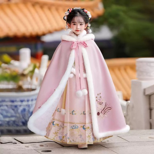 格格服女童汉服冬季加绒加厚古风唐装儿童秋冬装国风旗袍裙拜年服 - 图0