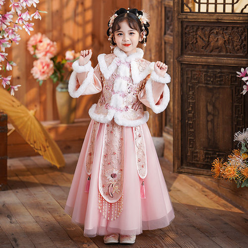 汉服女童冬装2025新款儿童加绒加厚中国风拜年服冬季女孩古风唐装 - 图1