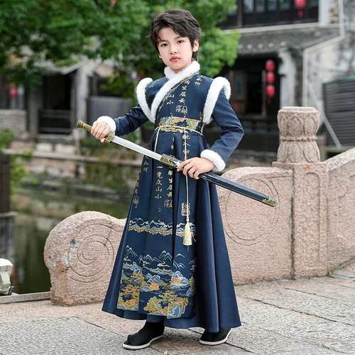 男童汉服秋冬2025新款儿童中式国风唐装小少爷帅气古装飞鱼服冬季 - 图1