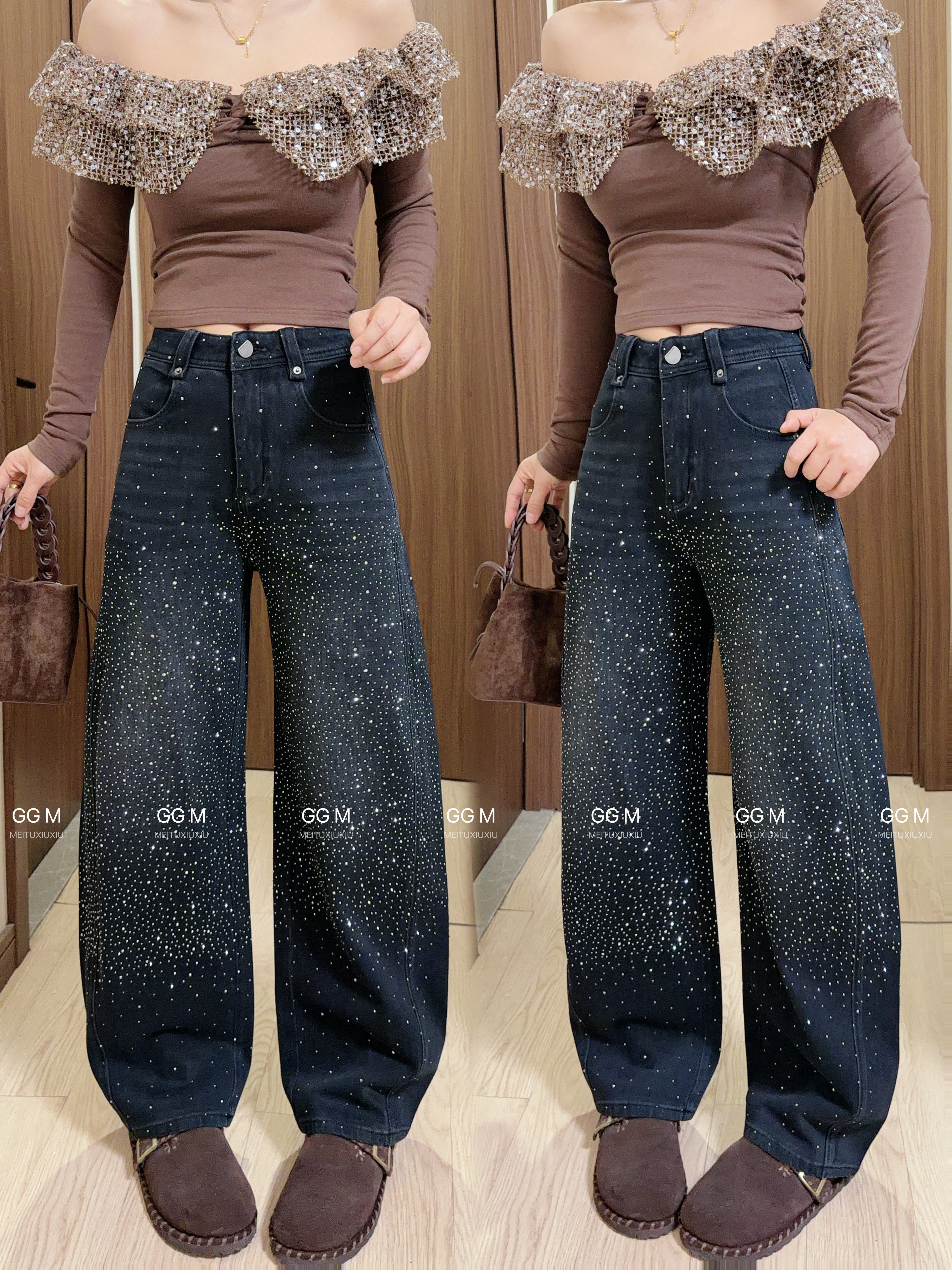 十米田58751爆款2026年春季新款宽松高腰满天星烫钻弯刀裤牛仔裤,淘宝优惠券,粉丝福利购,淘宝优惠卷