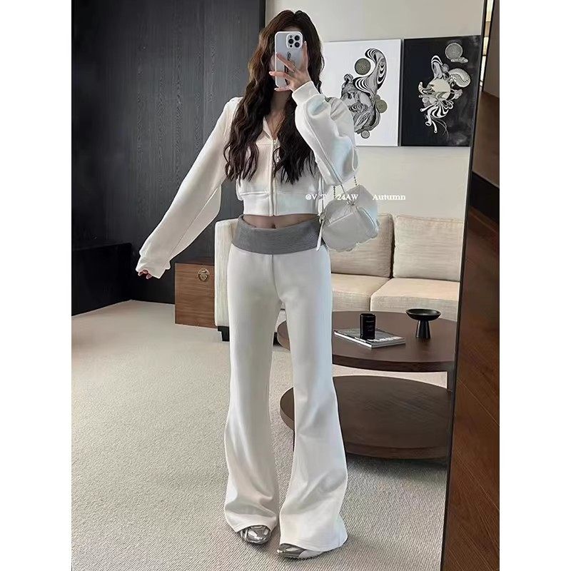 韩系休闲运动两件套女春连帽长袖卫衣外套拼色低腰休闲微喇叭裤子,淘宝优惠券,粉丝福利购,淘宝优惠卷