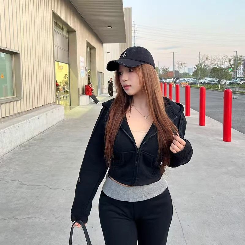 慵懒加绒加厚连帽拉链长袖卫衣外套辣妹拼色微喇叭休闲裤套装女春,淘宝优惠券,粉丝福利购,淘宝优惠卷