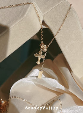 B.V原创美国进口14K包金中古风十字架复古设计吊牌小众项链女