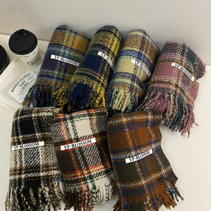 日系学院风黄蓝撞色格子围巾女秋冬季英伦拼色仿羊绒保暖流苏围脖,淘宝优惠券,粉丝福利购,淘宝优惠卷