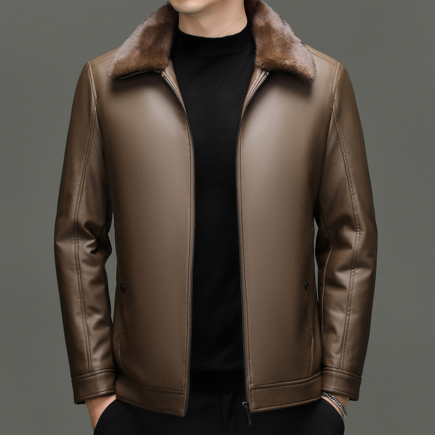 海宁皮衣男真皮绵羊皮爸爸装保暖新款中年加绒加厚皮夹克外套冬季,淘宝优惠券,粉丝福利购,淘宝优惠卷