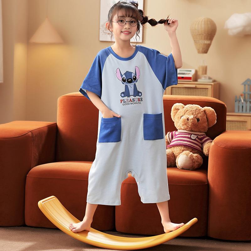 夏季棉绸小女孩连体防踢短袖睡裙 巴香草睡裙