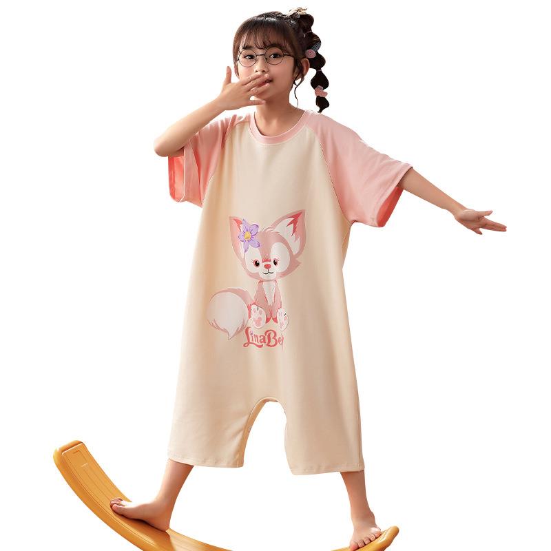 夏季棉绸小女孩连体防踢短袖睡裙 巴香草睡裙