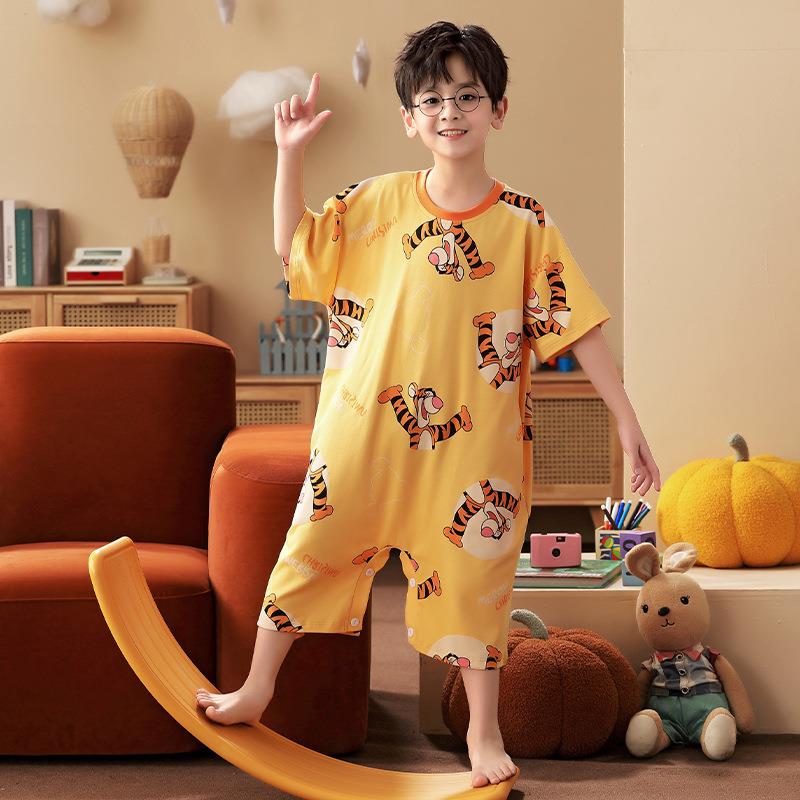 连体纯棉短袖男童防踢被夏季空调服 巴香草睡裙