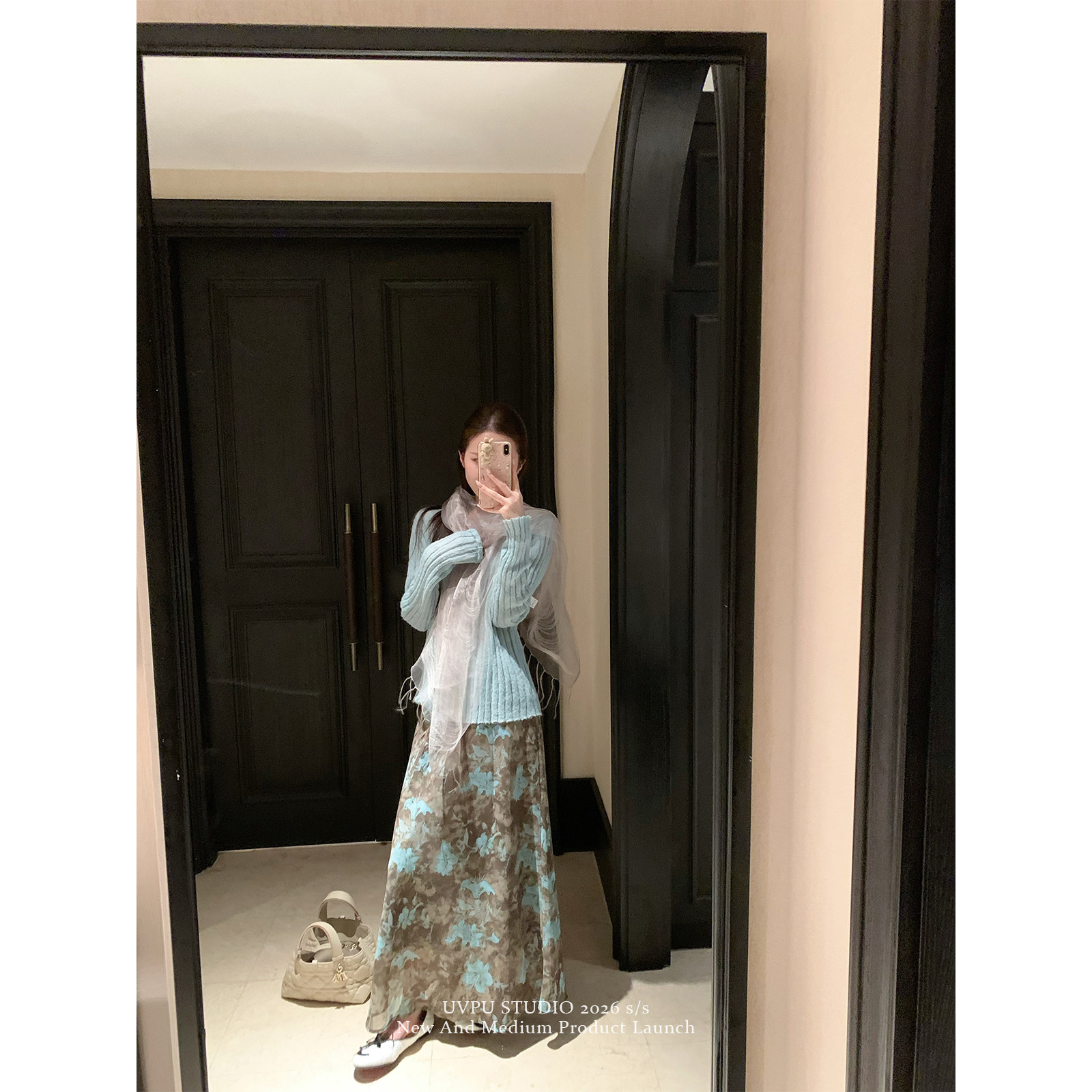 UVPU 咖蓝碎花半身裙女2026新款气质高级感韩系女人味十足裙子