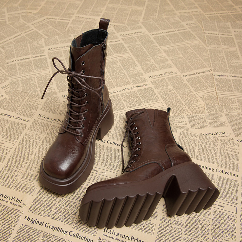 真皮高跟靴子女2025新款秋冬松糕厚底系带马丁靴高级感炸街小短靴,淘宝优惠券,粉丝福利购,淘宝优惠卷