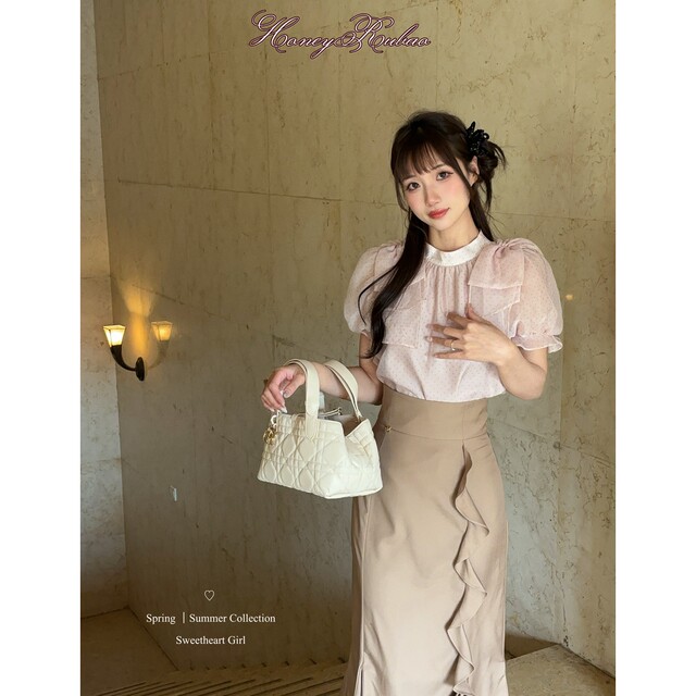 Honeyrubao sweet puff daily cute pink polka dot puff sleeve bow top