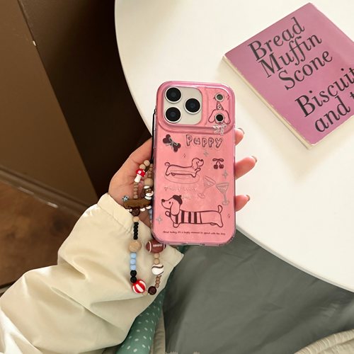 IMD卡通可爱粉底棕色线条腊肠狗手机壳适用iPhone17promax大孔防摔苹果16亮面15趣味创意14手链13清新女生硬 - 图2