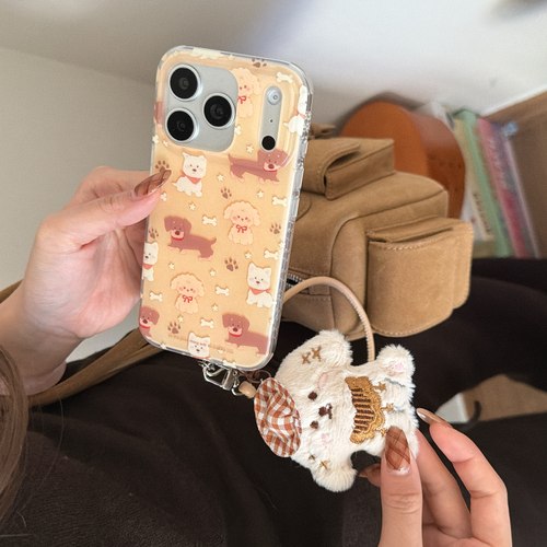 IMD白鹿同款卡通可爱杏黄色满屏狗狗骨头脚印手机壳适用iPhone17promax大孔防摔ins苹果16磨砂15玩偶14挂绳13 - 图2