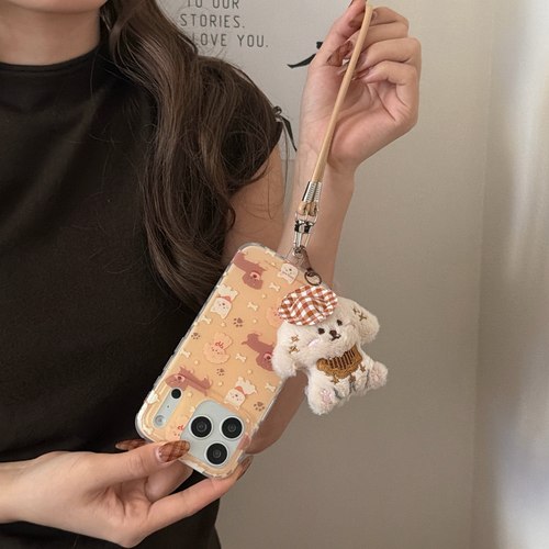 IMD白鹿同款卡通可爱杏黄色满屏狗狗骨头脚印手机壳适用iPhone17promax大孔防摔ins苹果16磨砂15玩偶14挂绳13 - 图3