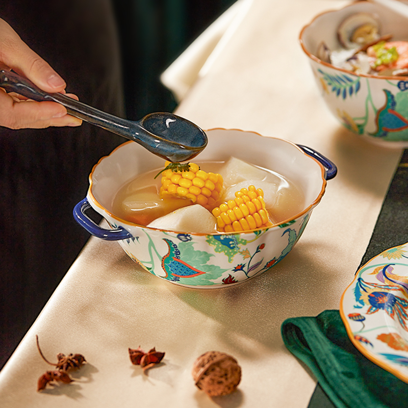 墨色高颜值双耳汤碗家用大号汤盆好看的大碗清新餐具泡面碗汤面碗 - 图1