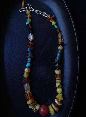 限量 手作复古南红蜜蜡绿松石多宝项链手链两用925银小众游牧民族